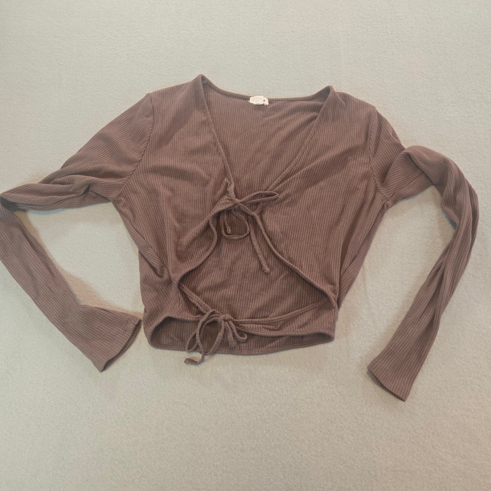Garage‎ Tie Front Cropped Top Womens Large Brown Ribbed Long Sleeve V-Neck